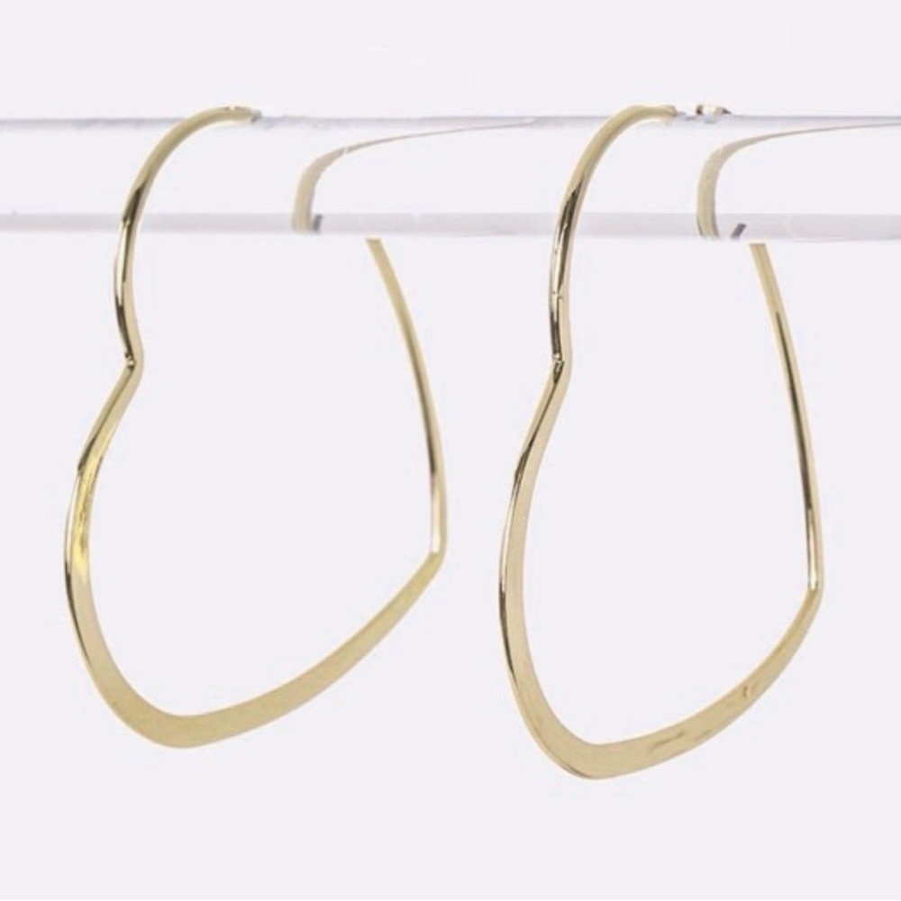 Gold Heart Hoop Drop Earrings Minimalist 2.25 Inch - Picture 4 of 13